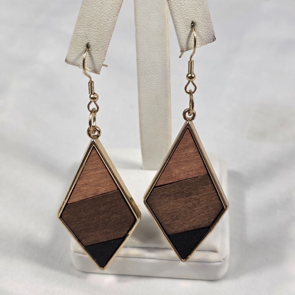 Boho Wood Diamond Dangle Earrings Gold Trim Geometric Multi Tone Brown Drop
